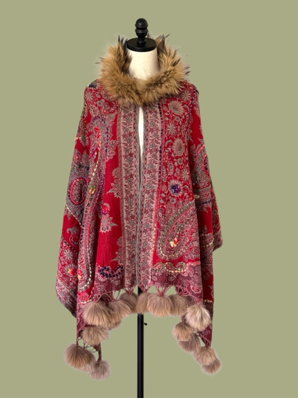 Boho paisley wool fur trimmed shawl wrap Himalayan Yak - Picture 2 of 13